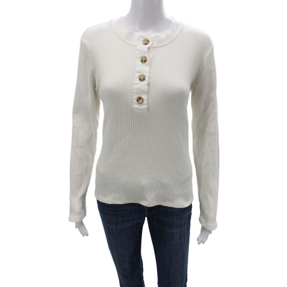 Zara Women Basic White Henley Long Sleeve Blouse 50% Cotton Size L